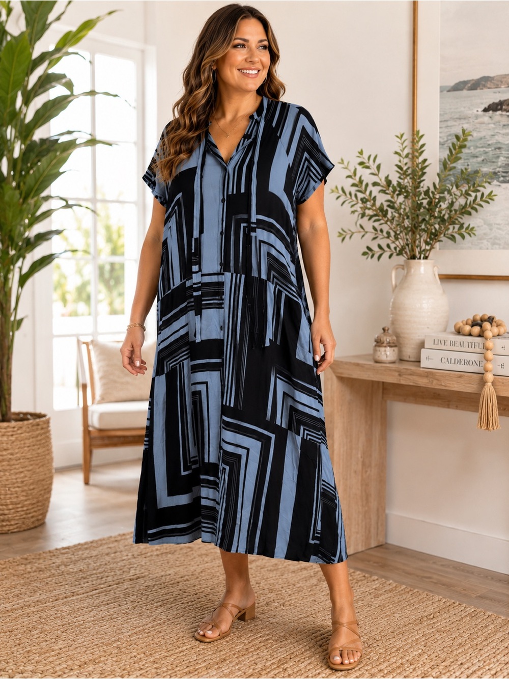 Liz Claiborne Geometric Maxi Dress - Blue & Black